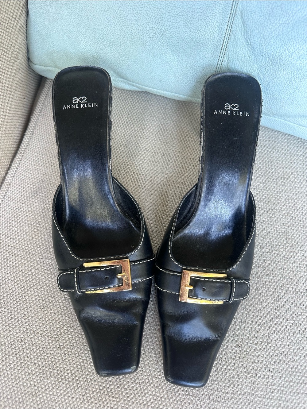 Anne Klein Black Leather Mule with Gold Buckle